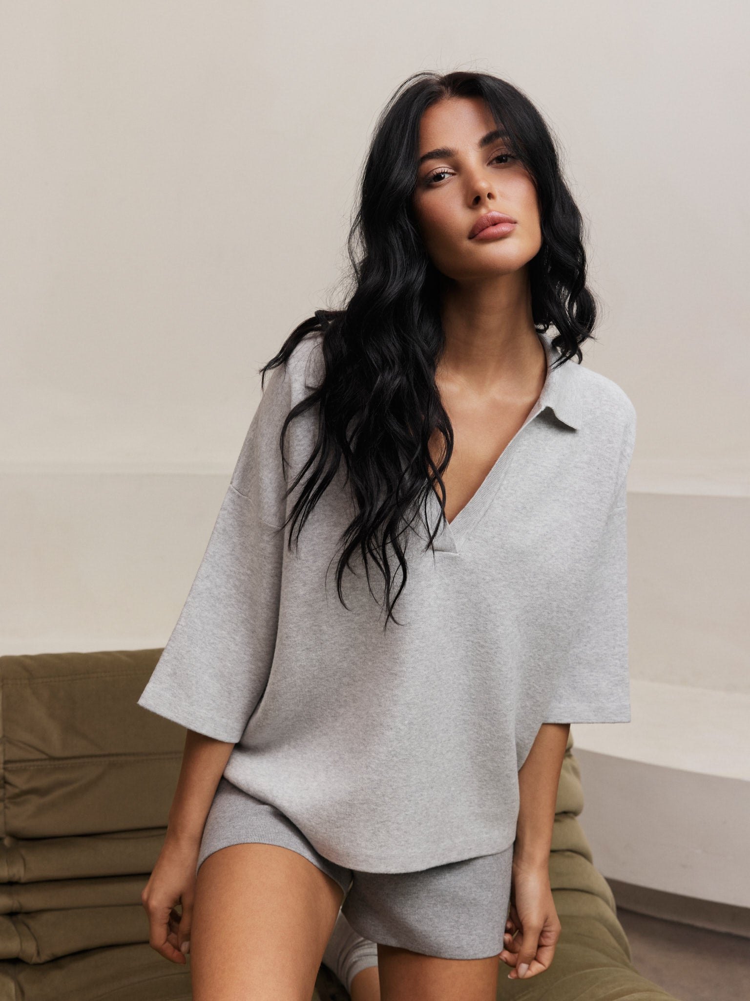 Olly V Neck Top - Grey Melange