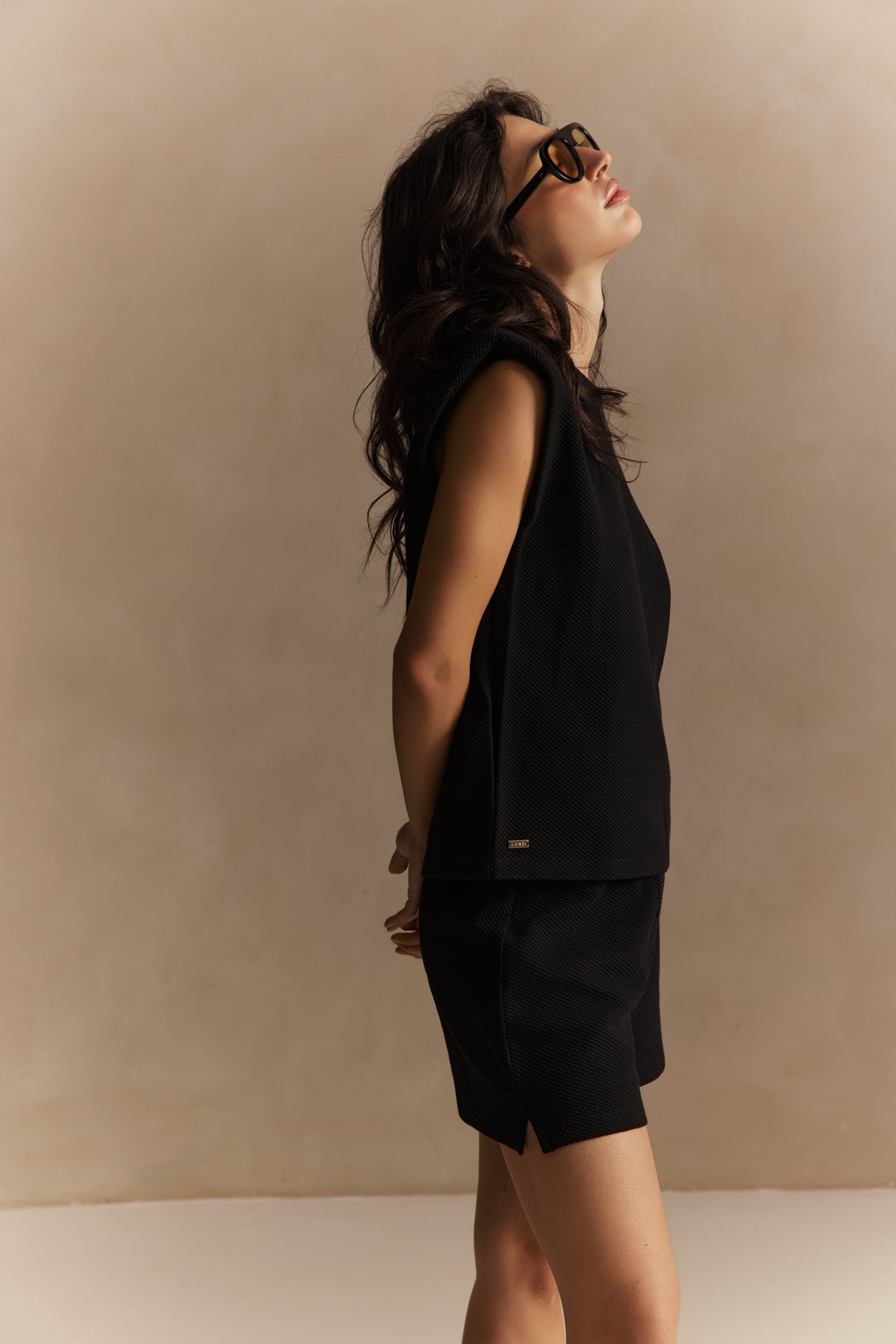 Moon Padded Shoulder Top - Black